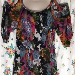 Dots Ladies Dress, sz 1x, Black Floral print multi colors, NWT